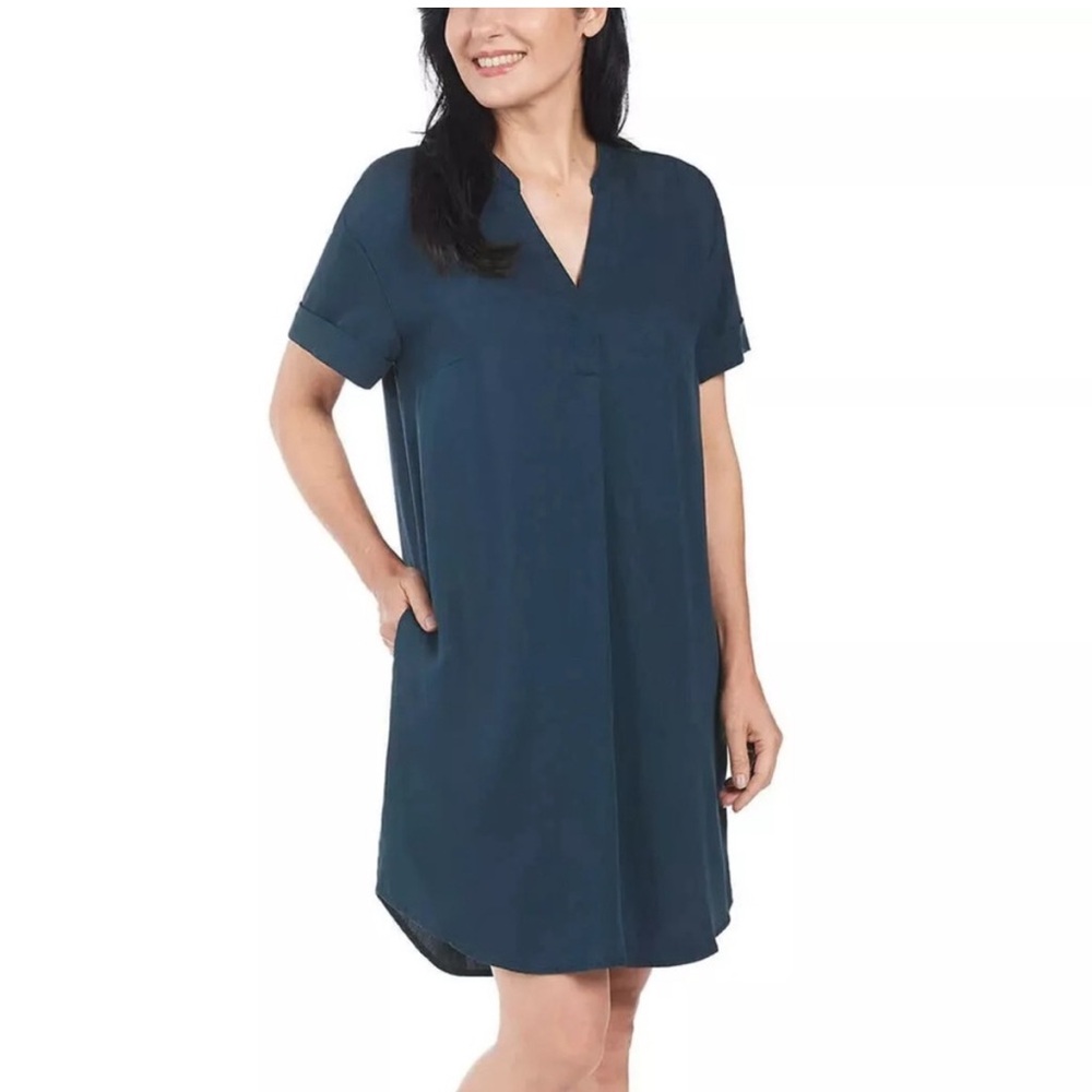 Women’s Hilary Radley Blue Tencel Shirt Dress High Low Hem Short Sleeve Small
